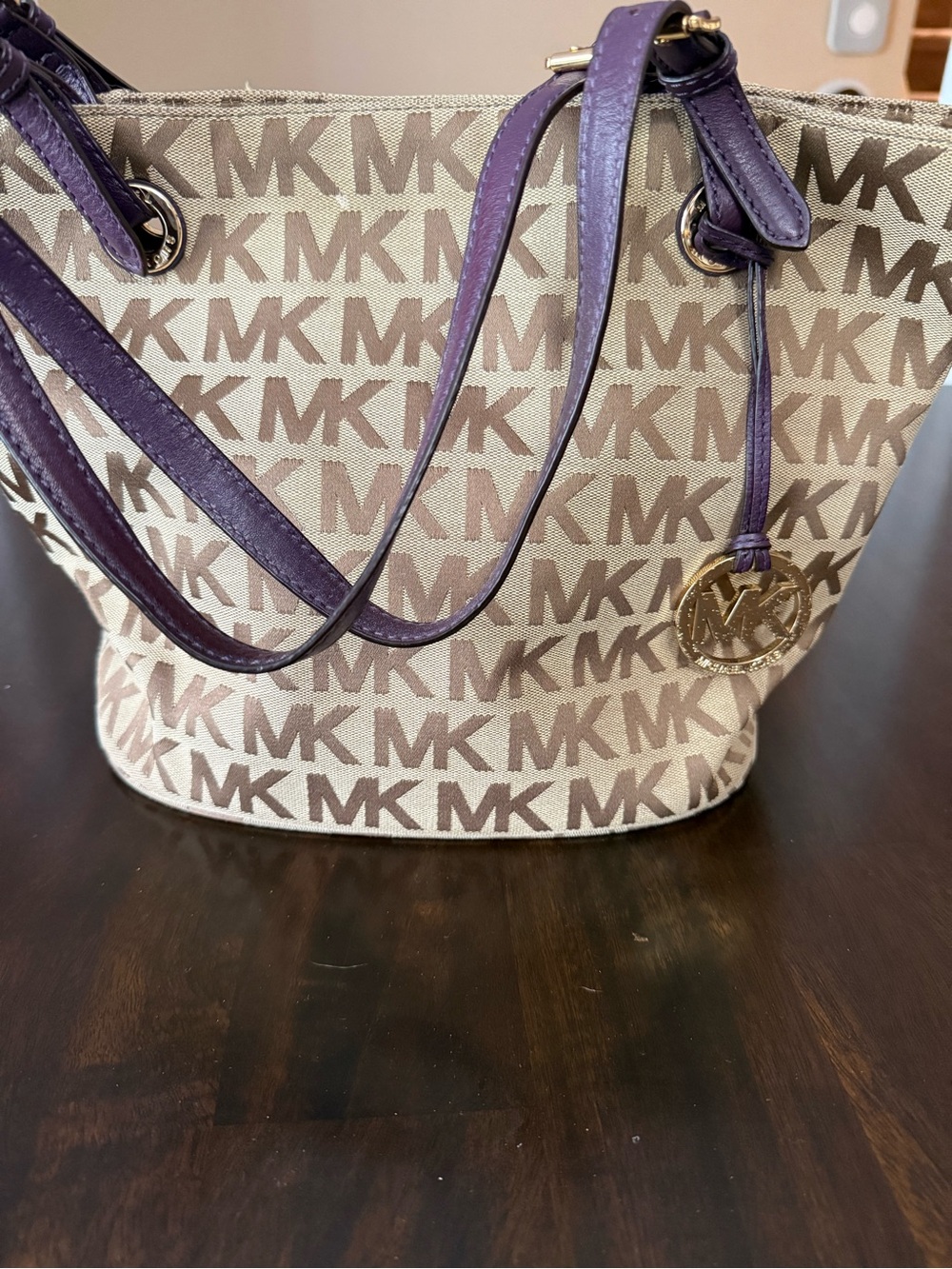 Michael Kors Beige Logo Tote with Purple Leather Straps